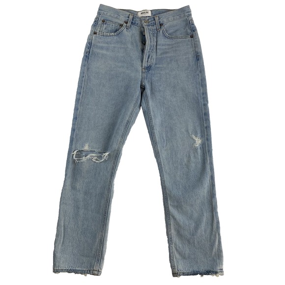 Agolde Denim - Agolde Jeans Sz 26 "Shatter" Wash Distressed Riley High Rise Straight USA Made